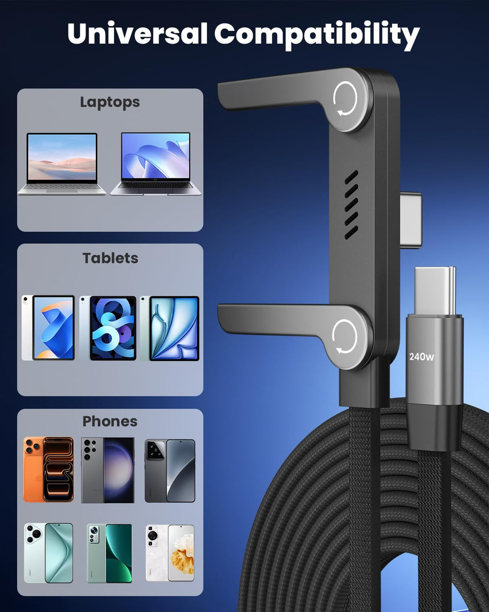 240W USB C to USB C Cable with Built-in Phone Stand, 4.9FT Sideways Phone Charger, T-Shaped 90 Degree Right Angle USB C Cable, 2 in 1 Invisible Holder Charger Cable with stand for iPhone MacBook iPad - product image 6