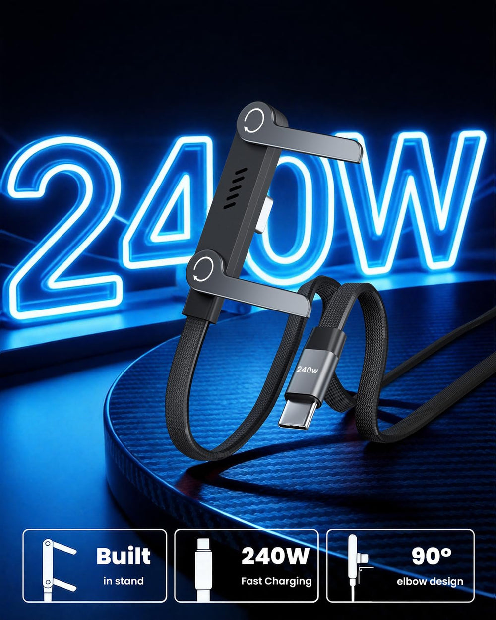 240W USB C to USB C Cable with Built-in Phone Stand, 4.9FT Sideways Phone Charger, T-Shaped 90 Degree Right Angle USB C Cable, 2 in 1 Invisible Holder Charger Cable with stand for iPhone MacBook iPad - product image 9