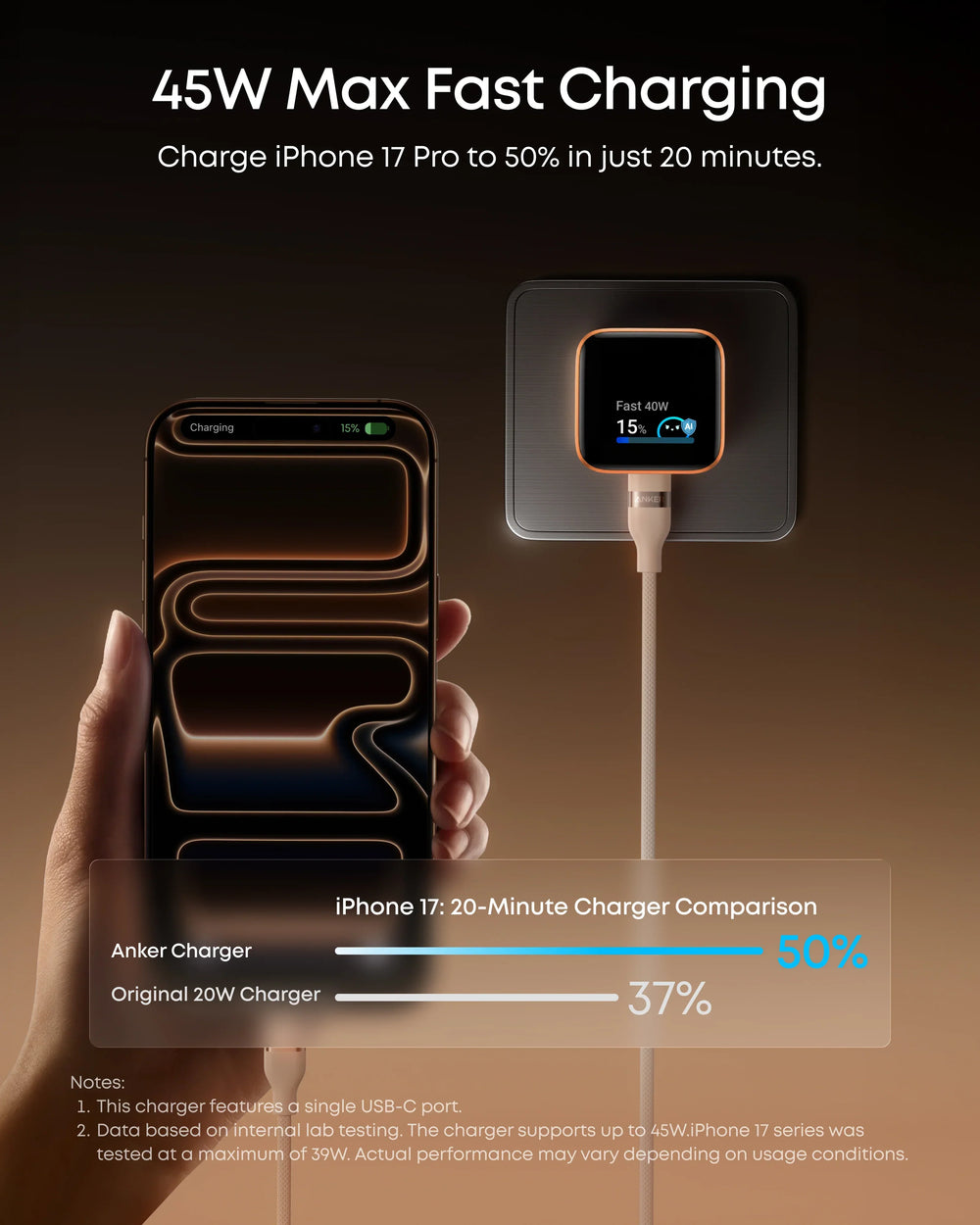 Anker Nano Charger 45W Smart Display – 180° Foldable USB-C Fast Charger with 60w cable - product image 5